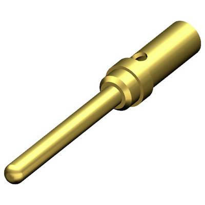 Een enkele goudkleurige metalen pin die mogelijk een elektronisch contactonderdeel voorstelt, tegen een witte achtergrond.
