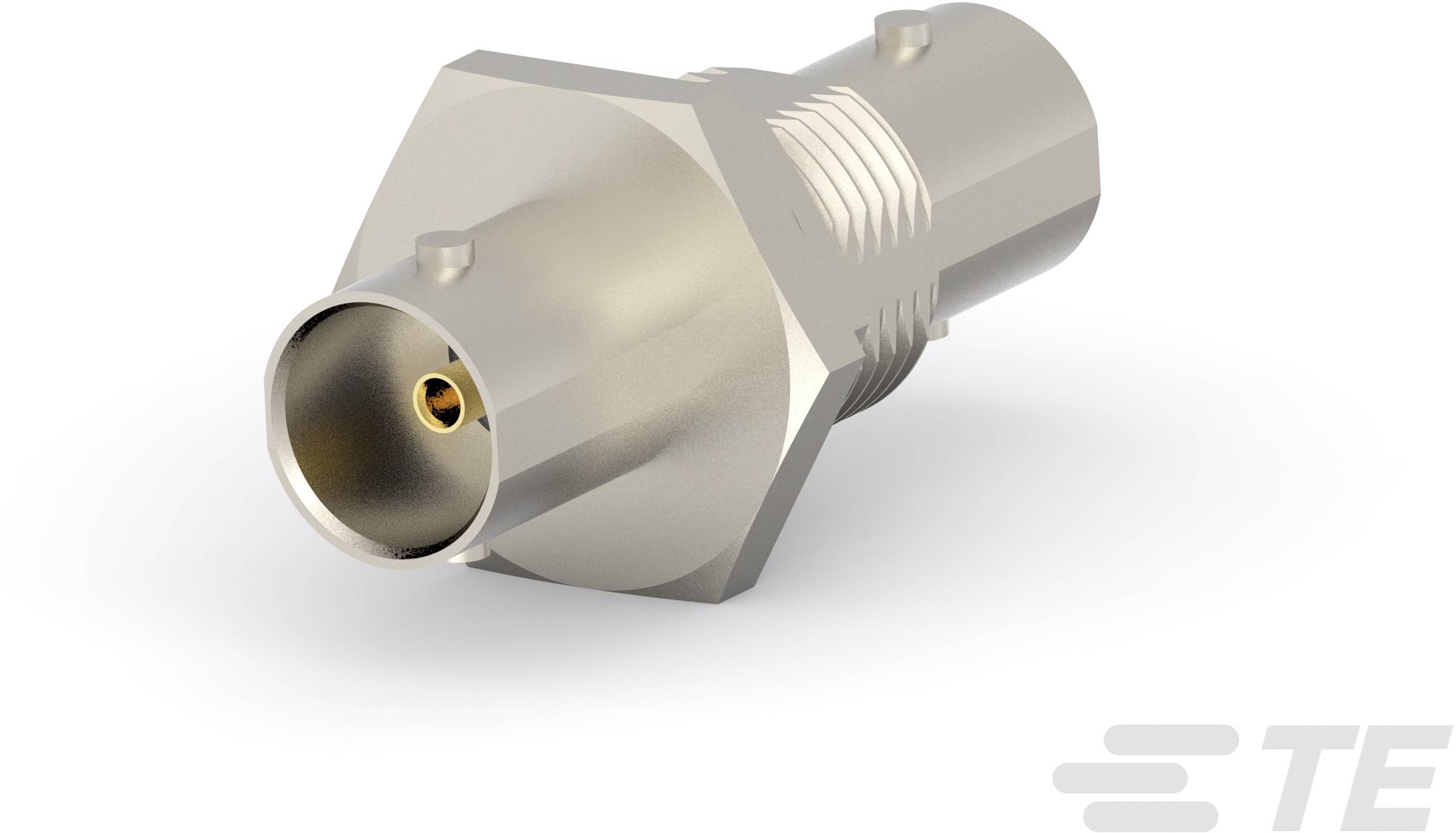 Een metalen stekkerverbinding met zeshoekige basis en cilindrische schroefdraad, gebruikt voor bekabelde elektrische verbindingen.