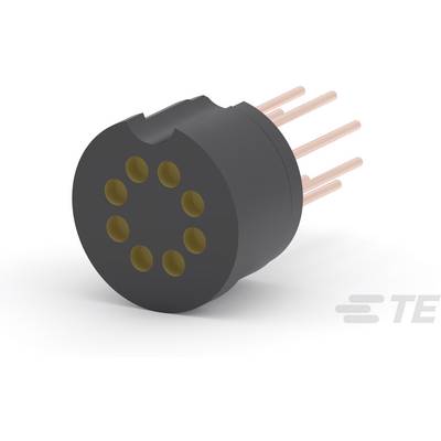 Een zwarte, ronde elektrische stekker met zeven koperen pinnen die uitsteken aan de achterzijde.