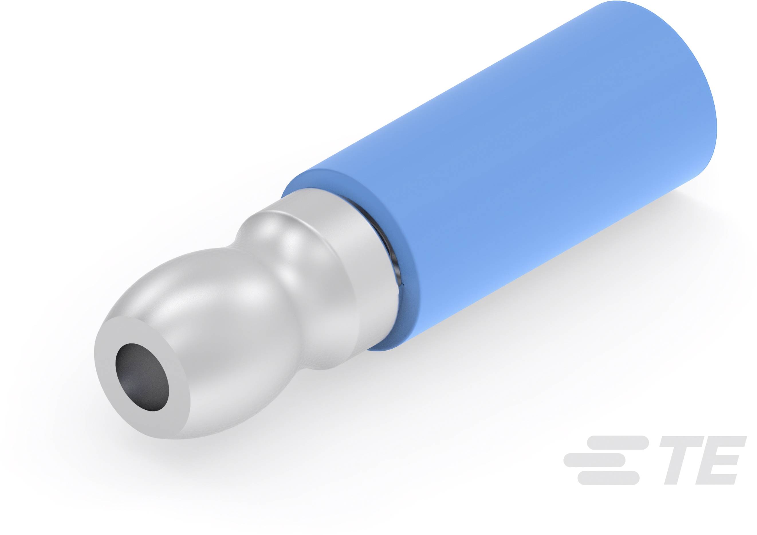 Een blauwe, cilindrische elektrische kabelconnector met een metalen aansluiting aan één zijde. Logo onderaan rechts.