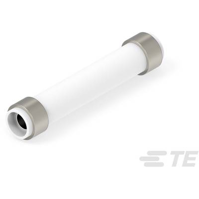 Een witte cilindrische adapter met zilveren eindkappen op een witte achtergrond.