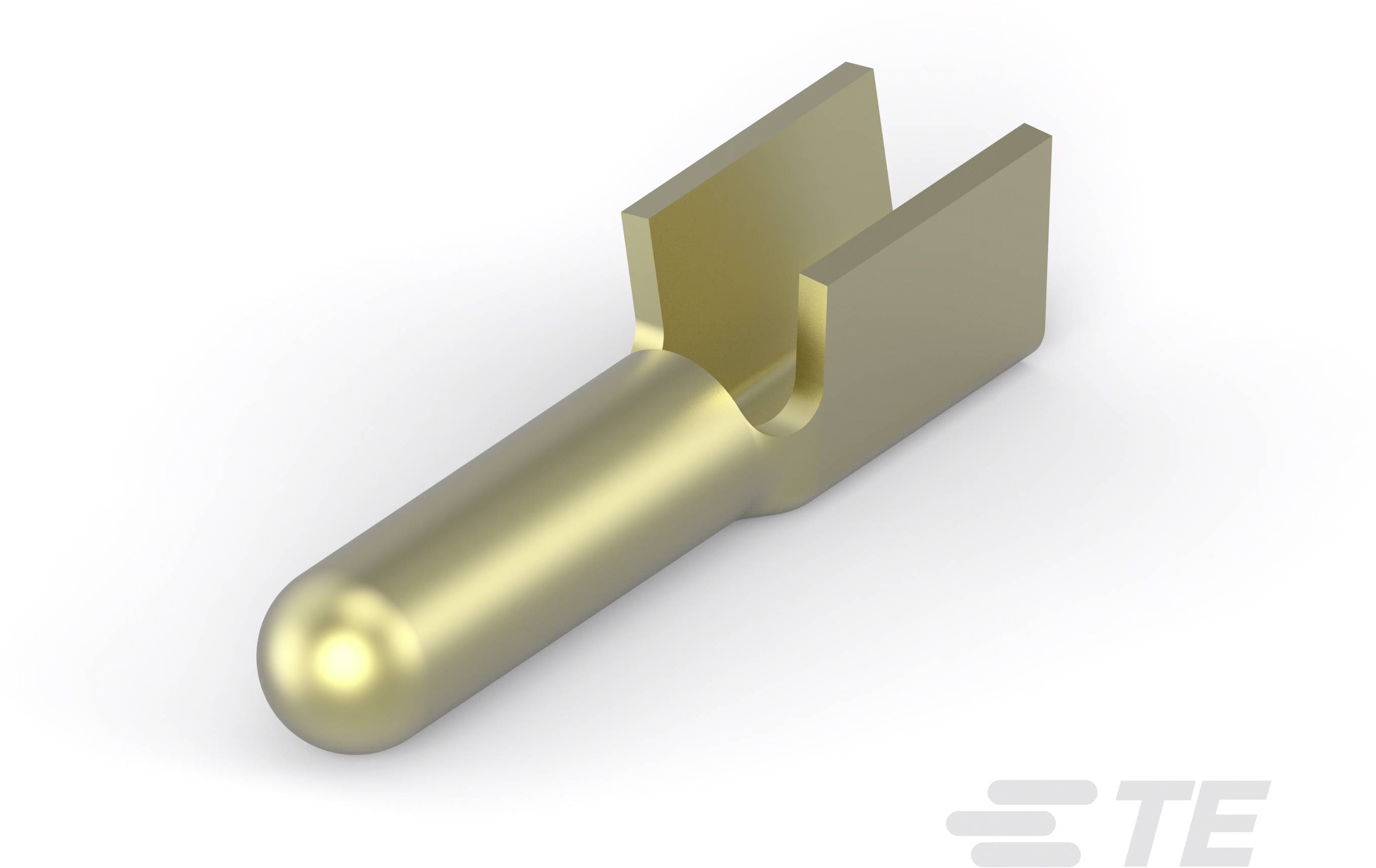 Een gouden, metallische pencontact-component met een gespleten uiteinde. Voornamelijk gebruikt in elektrische connectoren.