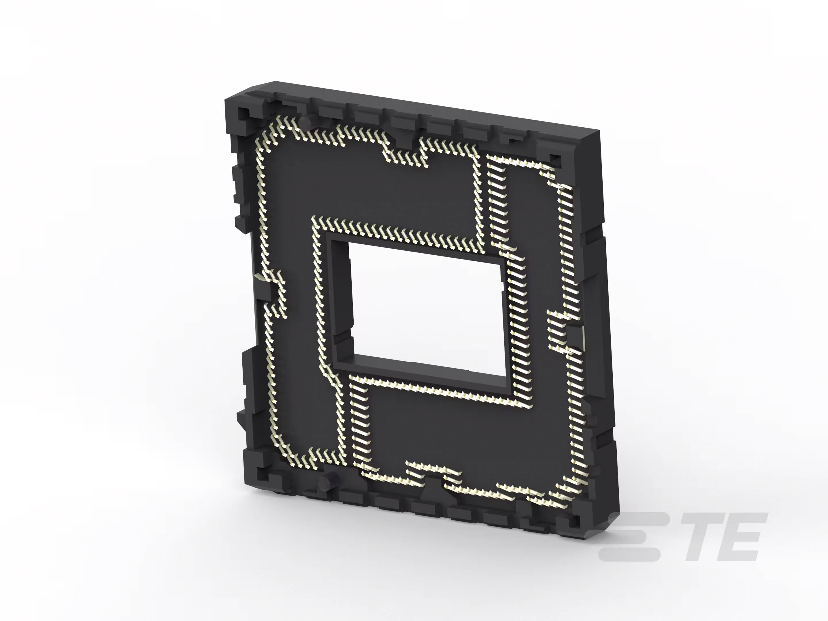 Een rechthoekige, zwarte voet voor elektronische chips met vele fijne, goudkleurige contacten.