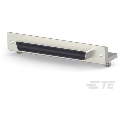 Een rechthoekige stekker met vele kleine pinnen, gemonteerd op een metalen plaat met klemmen aan beide uiteinden.