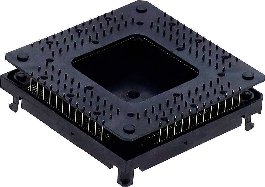 Een zwarte microchip-aansluiting met talrijke kleine metalen pinnen gerangschikt in een rasterpatroon, gebruikt voor het verbinden van processors met een printplaat.