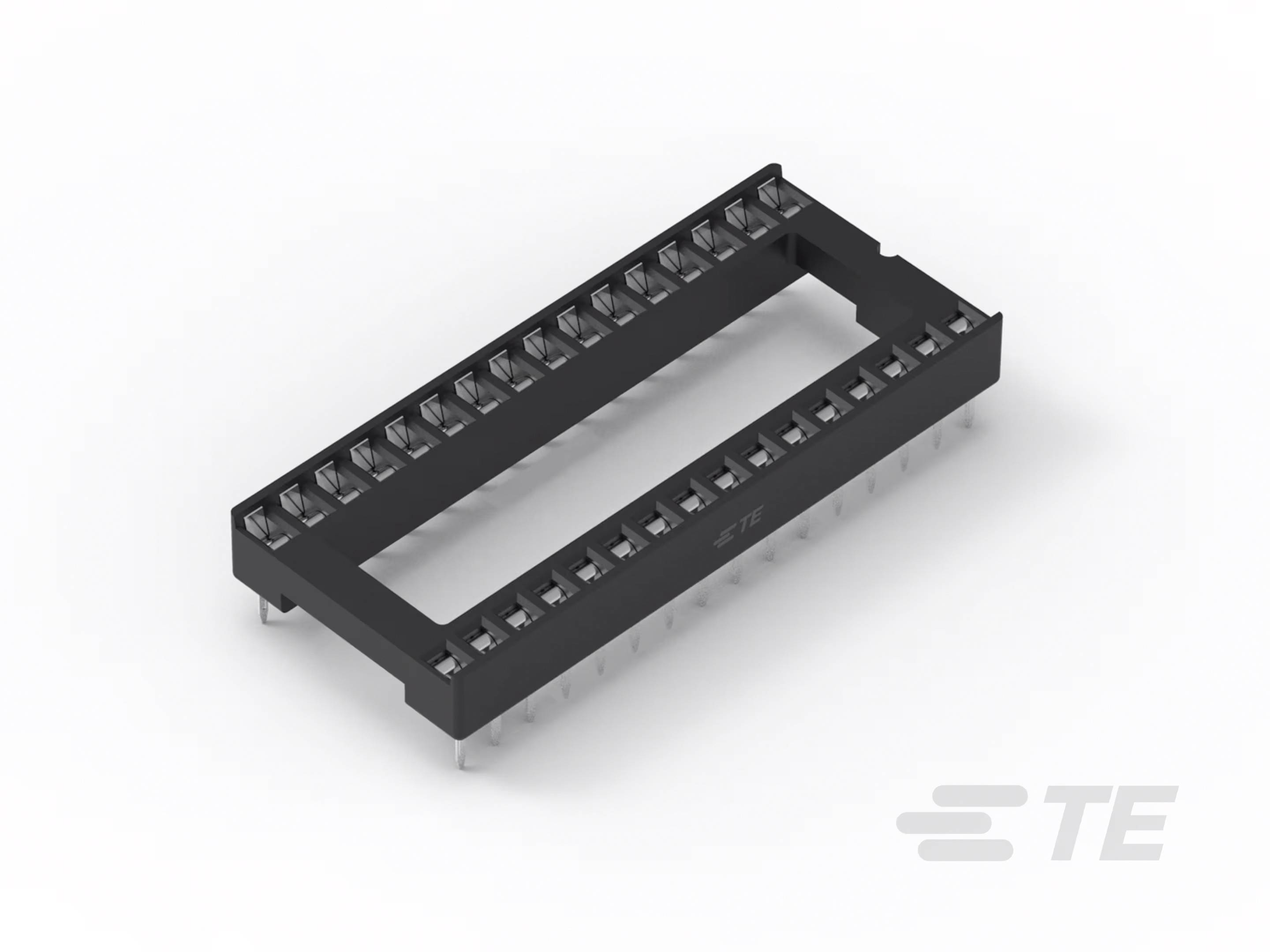 Afgebeeld is een zwarte, rechthoekige IC-voet met 24 pinnen. De voet heeft uitsparing voor contact met een IC-chip.