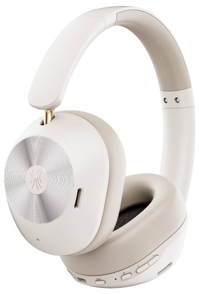 Draadloze hoofdtelefoon in crèmekleur met gewatteerde oorschelpen en zilveren accent op de speakers, zijaanzicht.