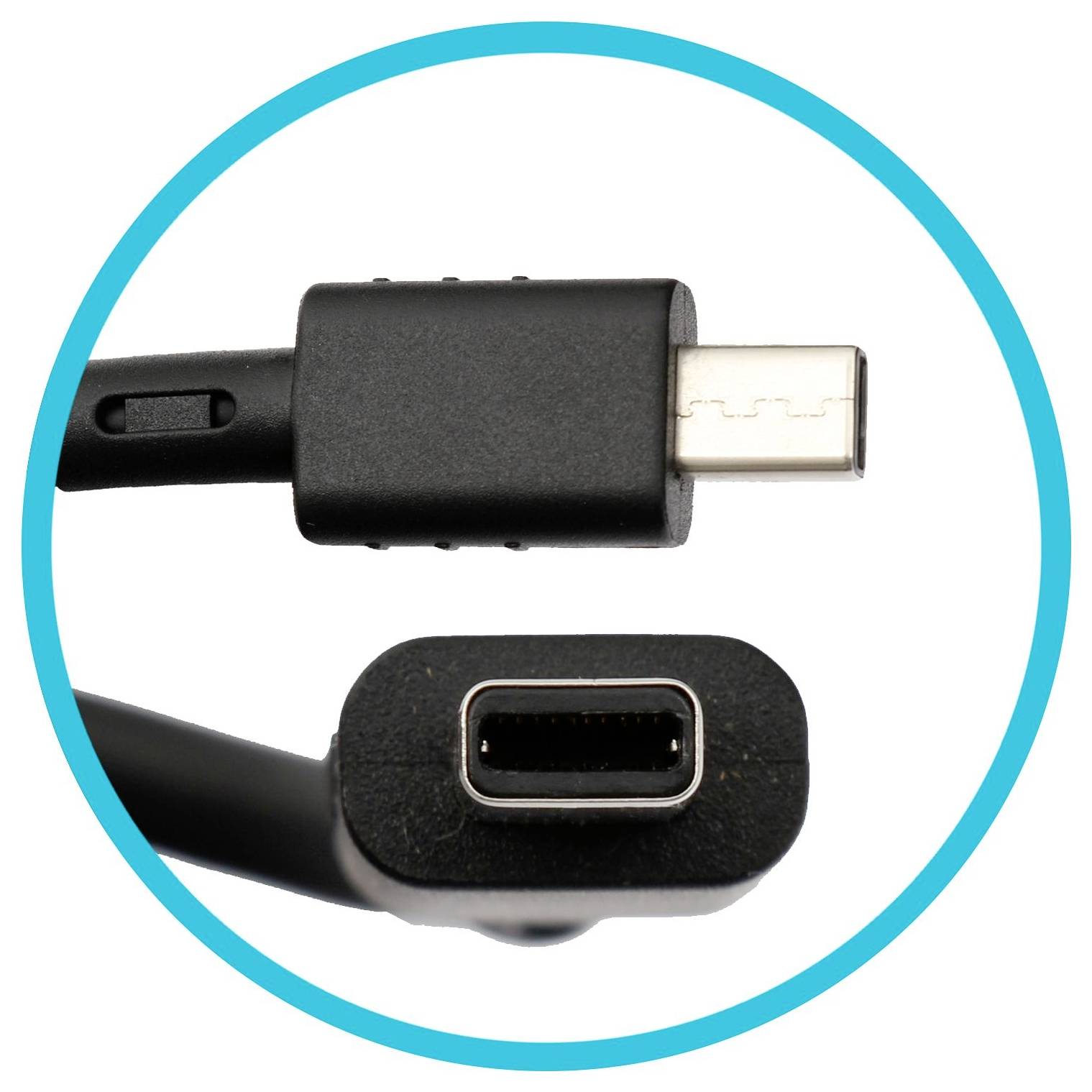 Close-up van een zwarte USB-C-stekker en -aansluiting, omgeven door een blauwe cirkel.
