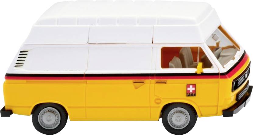 Een geel speelgoedvoertuig, ontworpen als een militair voertuig met een rood kruis en een zwarte lijn. Zijaanzicht op een witte achtergrond.