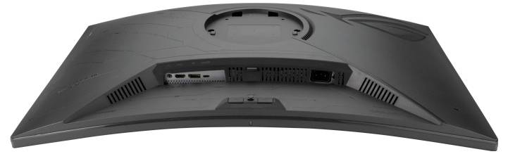 Een gebogen computerscherm van achteren, waarbij aansluitingen en ventilatiesleuven zichtbaar zijn.