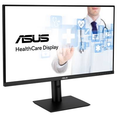 Een arts raakt symbolen aan op een ASUS HealthCare-scherm. Het display toont gezondheidspictogrammen zoals een hart en een kruis.