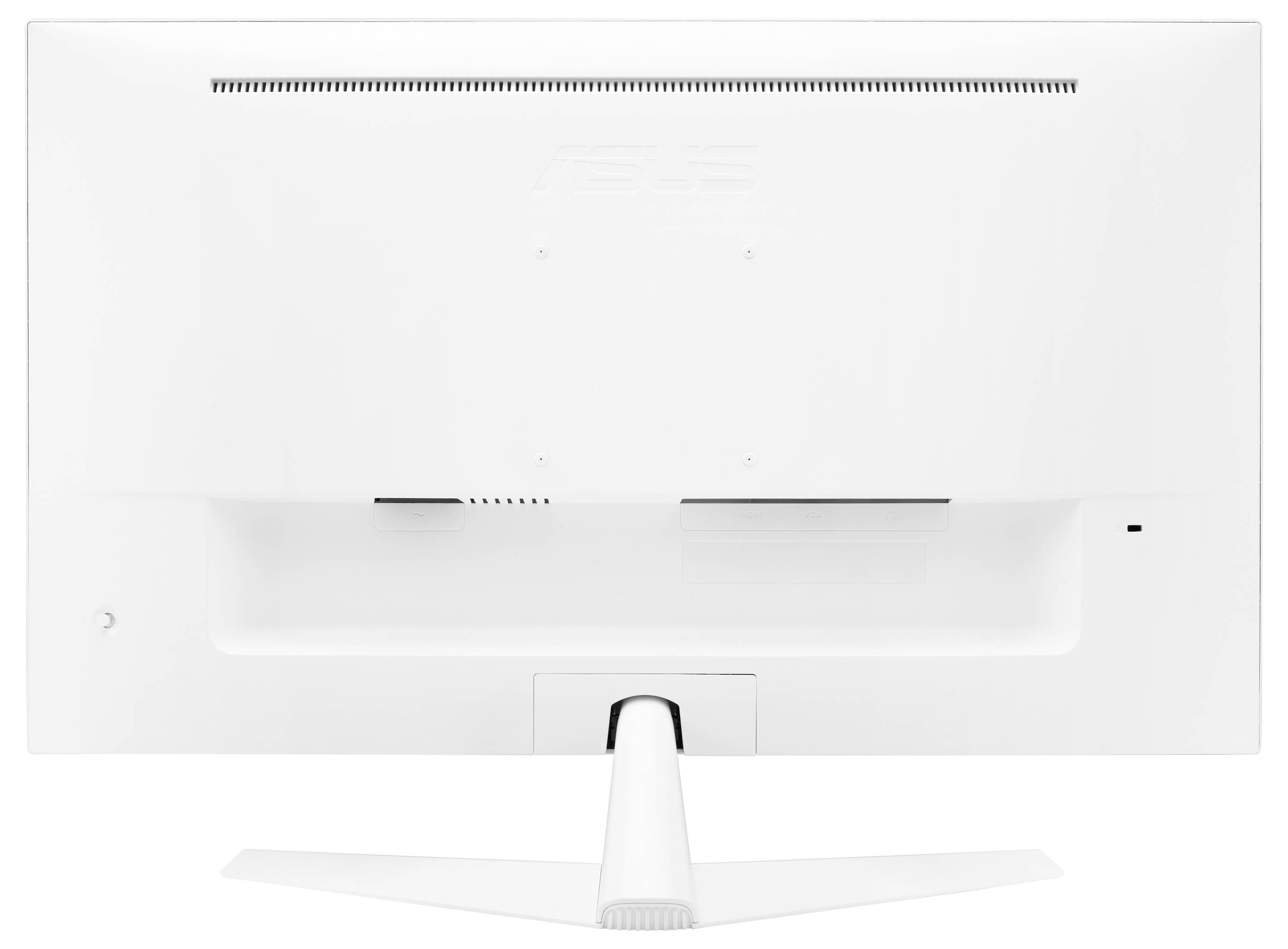 Een witte computermonitor van achteren, met een smal statief en zichtbare ventilatiesleuven bovenaan.