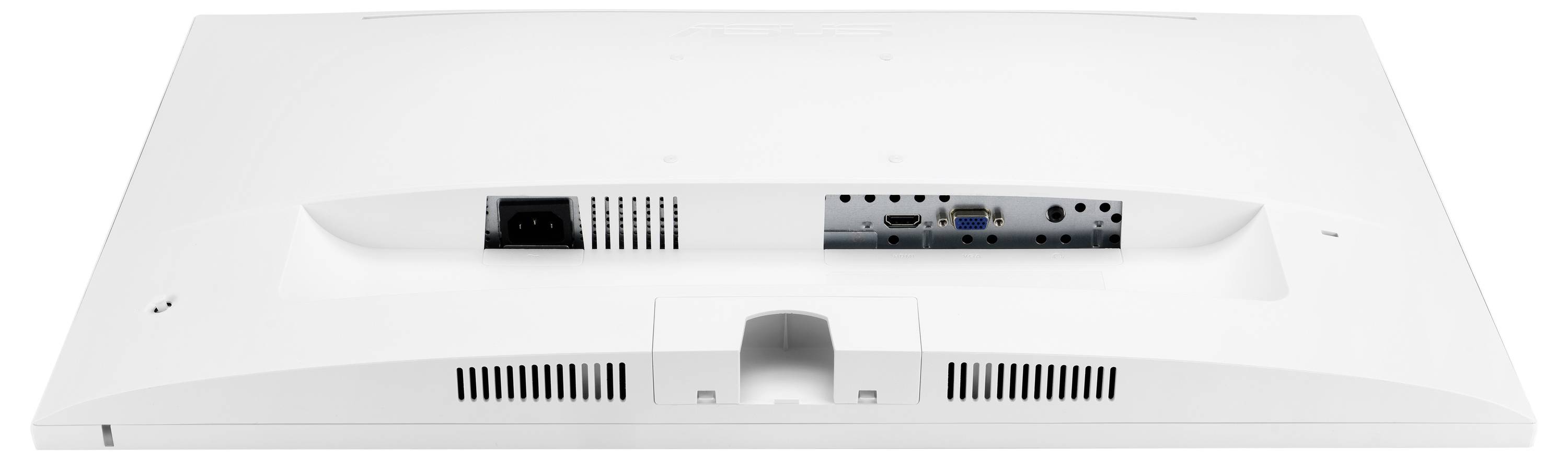 Achteraanzicht van een witte computermonitor zonder standaard, met zichtbare aansluitingen zoals VGA en luidsprekergaas.