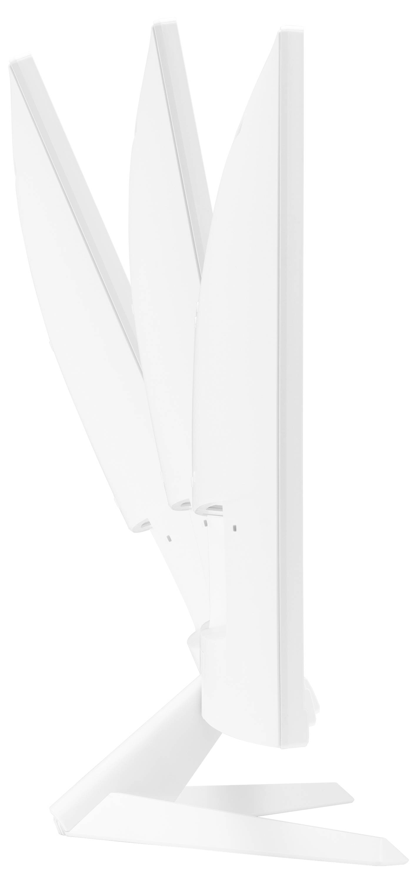 Een witte computermonitor wordt van opzij getoond. De monitor wordt weergegeven in verschillende kantelhoeken.