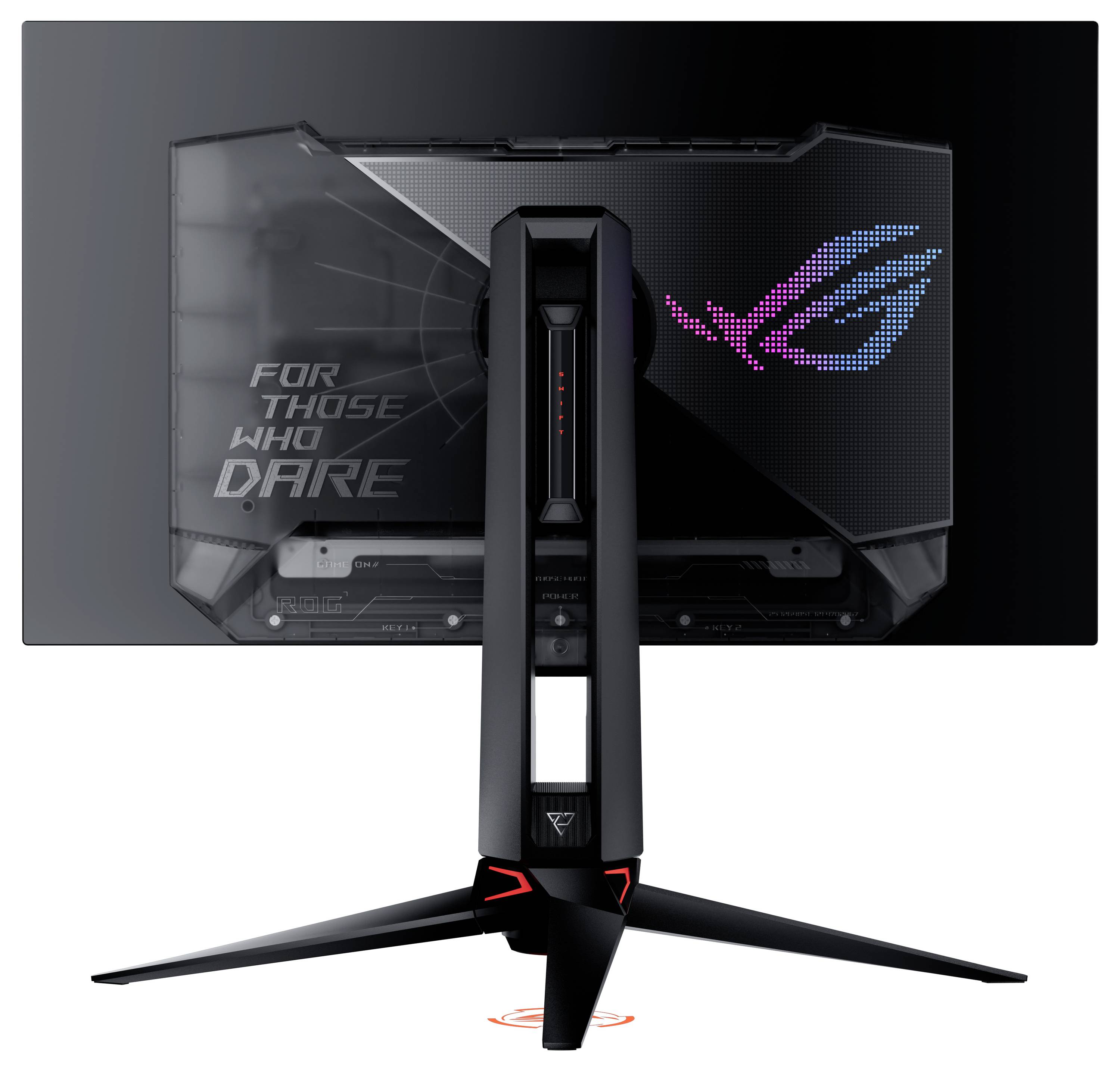 Een gaming-monitor van achteren met een LED-verlicht logo en de tekst 'For Those Who Dare' op de achterkant.
