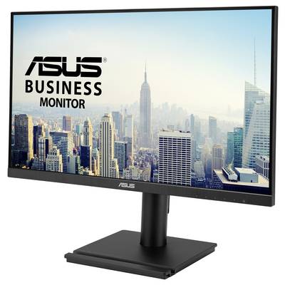 Monitor met de tekst 'ASUS Business Monitor'. Op de achtergrond is een skyline met wolkenkrabbers te zien bij daglicht.