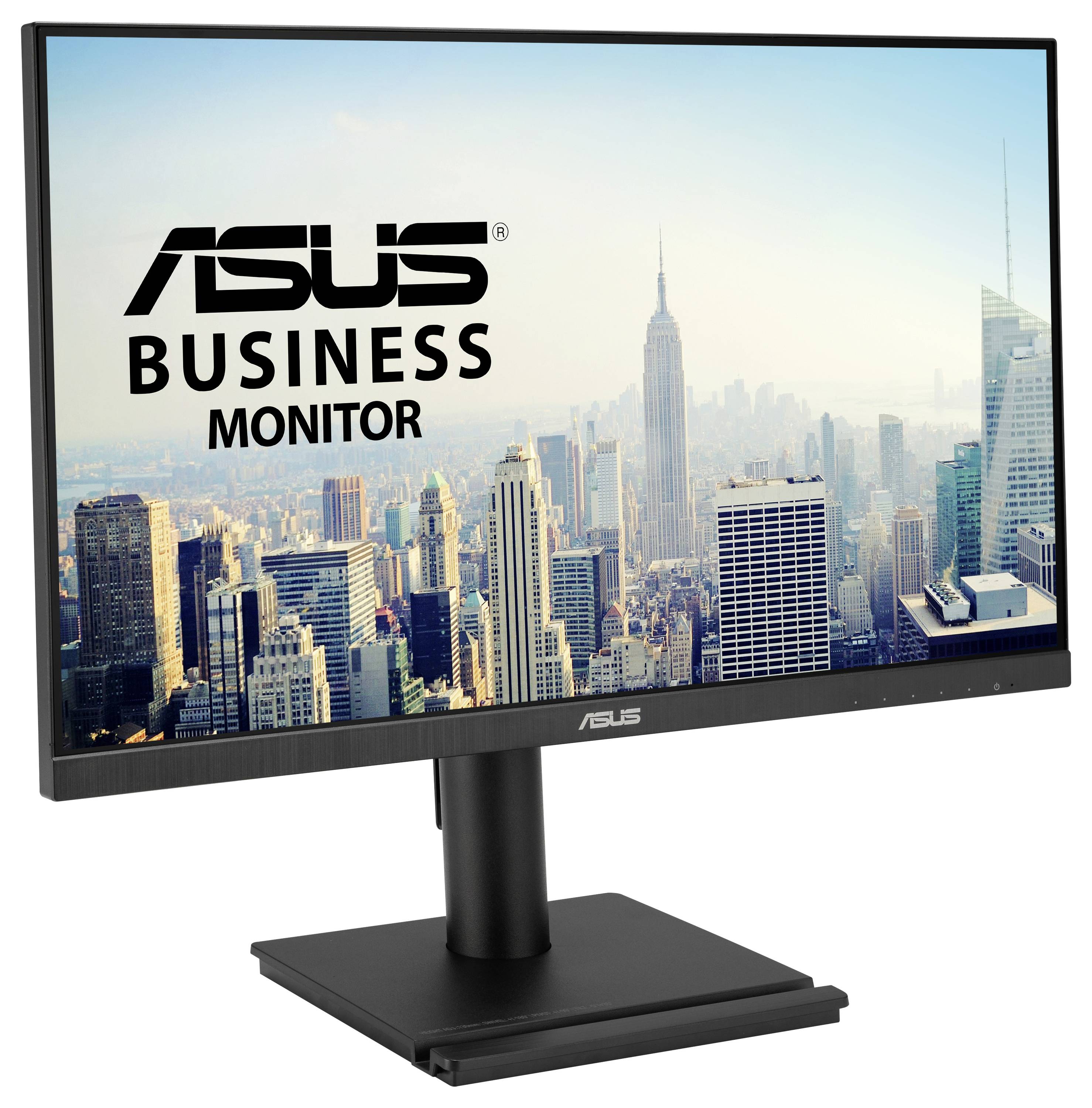 Een monitor toont een stadsaanzicht met wolkenkrabbers. Op het scherm staat 'ASUS Zakelijke Monitor'.