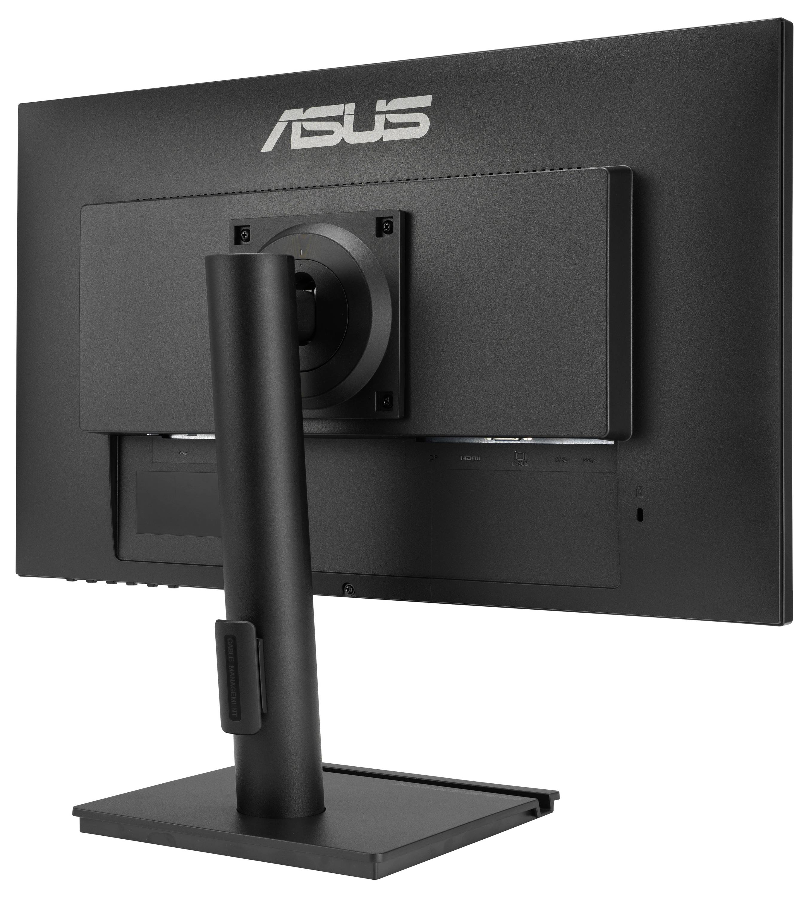 De monitor toont een zwarte, strakke achterkant met een stevige, in hoogte verstelbare standaard en een ASUS-logo.