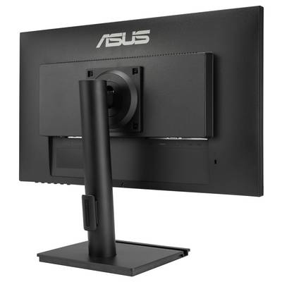 De monitor toont een zwarte, strakke achterkant met een stevige, in hoogte verstelbare standaard en een ASUS-logo.