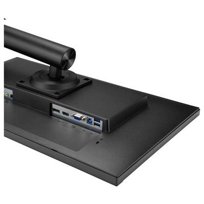 Achterkant van de monitor met stroomaansluiting, HDMI- en USB-aansluitingen.