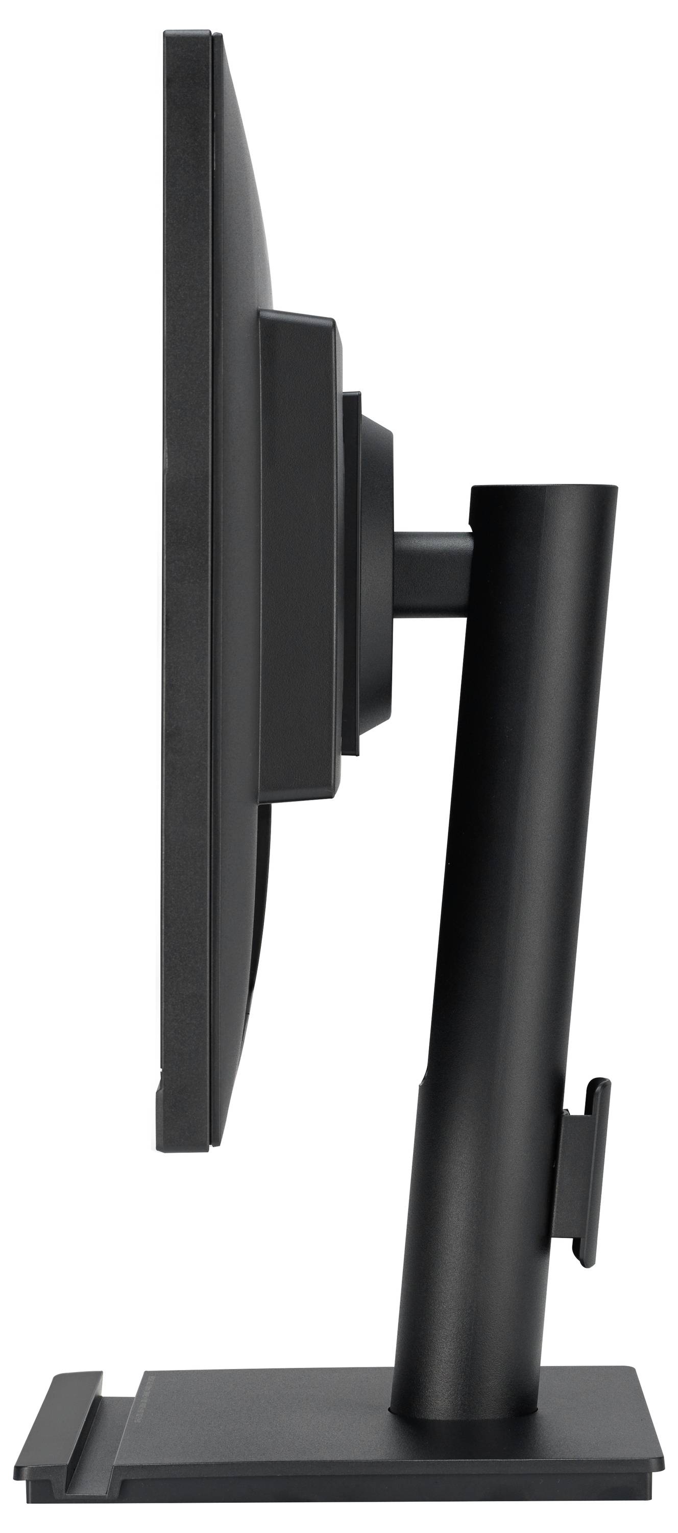 Zijaanzicht van een zwarte monitor, rechtop gemonteerd op een standaard die het scherm verticaal vasthoudt.