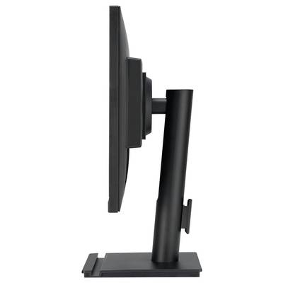 Zijaanzicht van een zwarte monitor, rechtop gemonteerd op een standaard die het scherm verticaal vasthoudt.