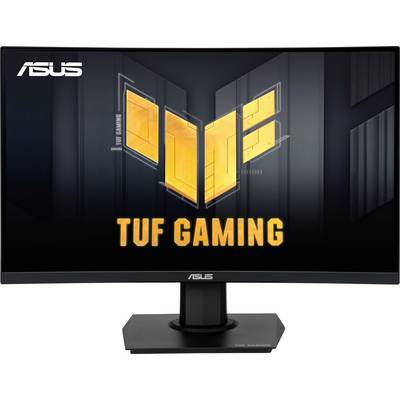 Een ASUS TUF Gaming-monitor met smalle rand en groot scherm. Het display toont het TUF Gaming-logo in gele letters.