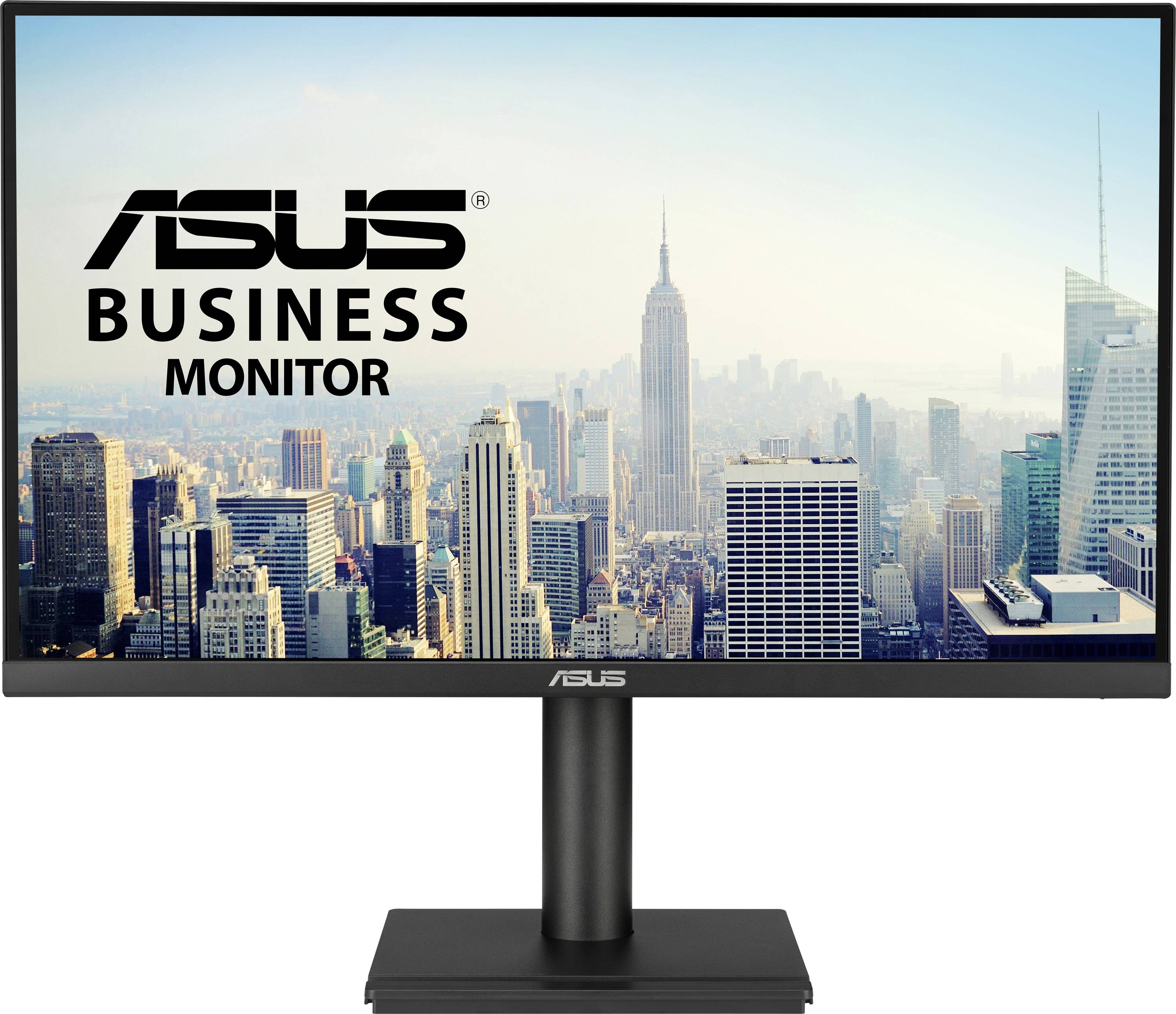 'ASUS Zakelijke Monitor' met een stadsgezicht op de achtergrond, toont een skyline met hoge gebouwen en het Empire State Building.
