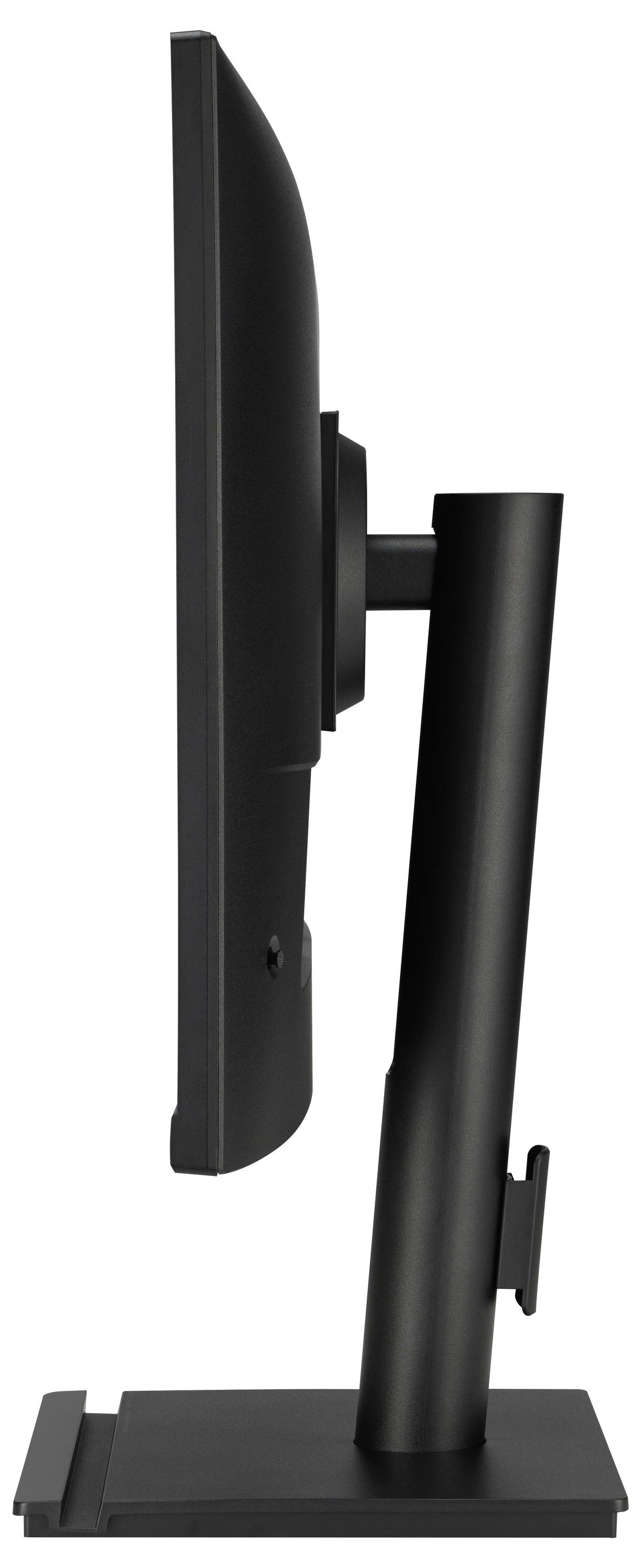 Zijaanzicht van een zwarte computerscherm met smalle rand en verstelbare voet op een bureau.