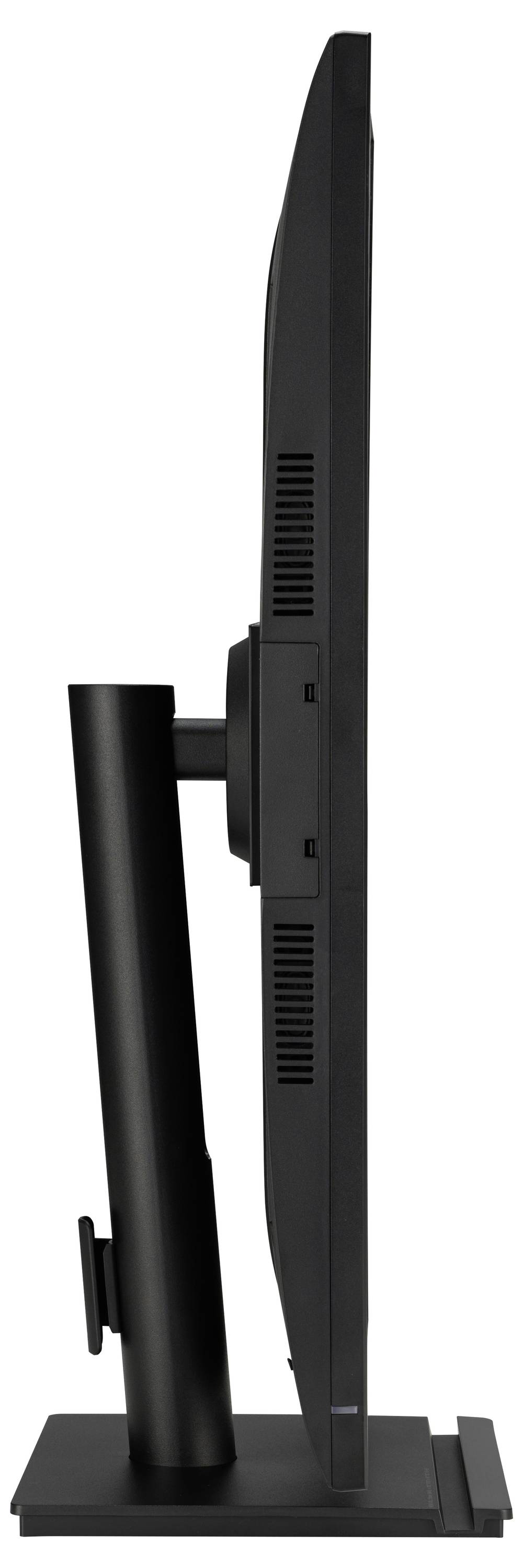 Een zwarte computermonitor, gefotografeerd van opzij. Het scherm is smal, staat op een stabiele standaard en vertoont ventilatiesleuven aan de achterkant.