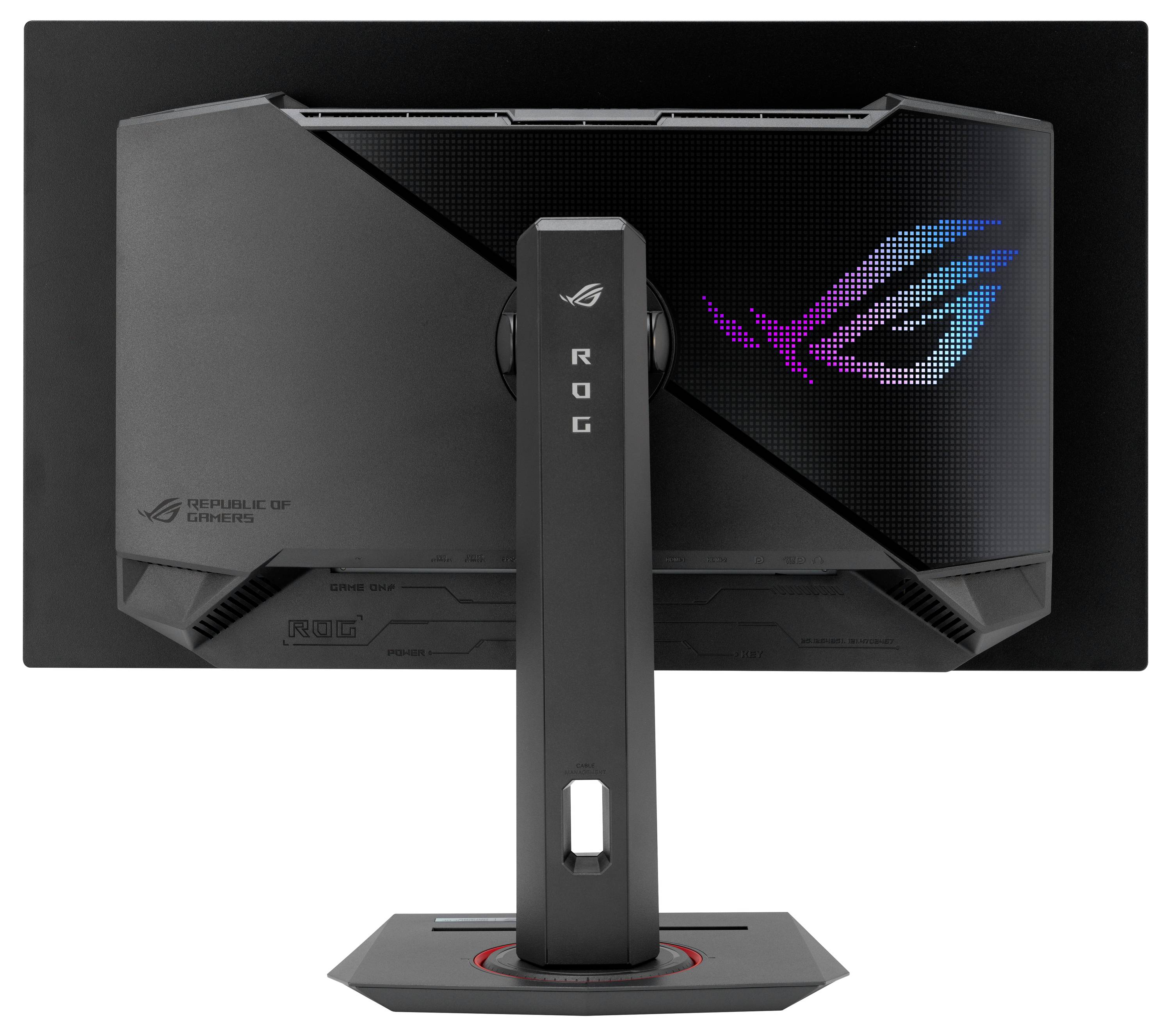 Een gaming-monitor van achteren met RGB-logo op de achterkant. De standaard is massief en draagt de afkorting 'ROG'.