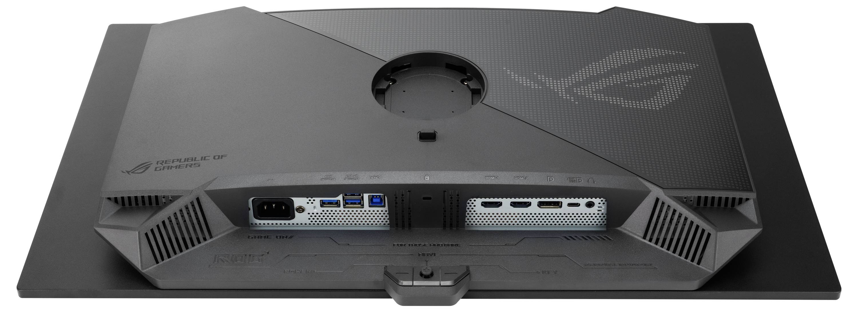 Achterkant van een gaming-monitor met diverse aansluitingen, waaronder stroom, HDMI, DisplayPort en USB. Het ROG-logo is zichtbaar.