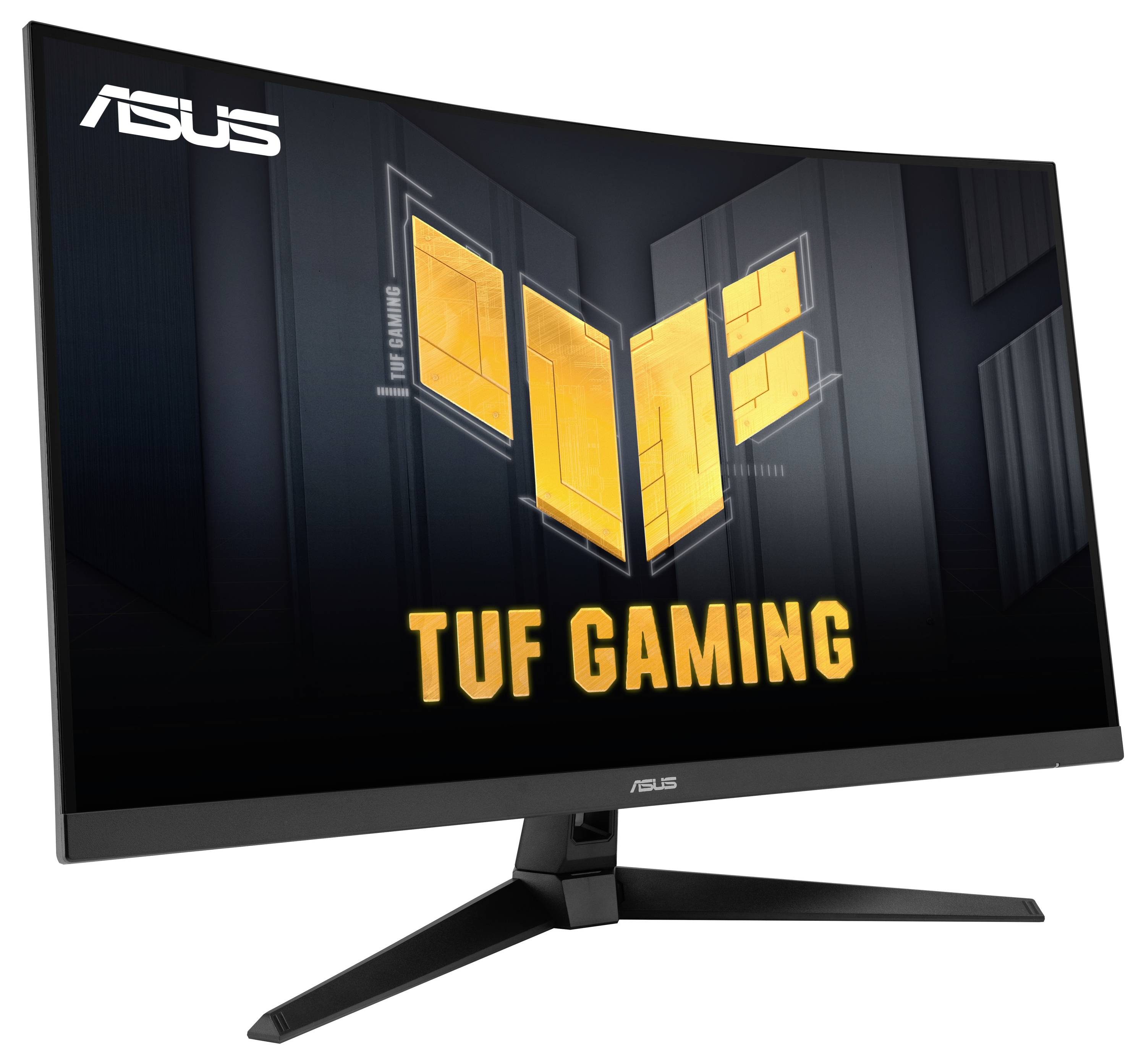 Gaming-monitor van het merk ASUS met een gebogen scherm en het 'TUF Gaming' logo op het beeldscherm.