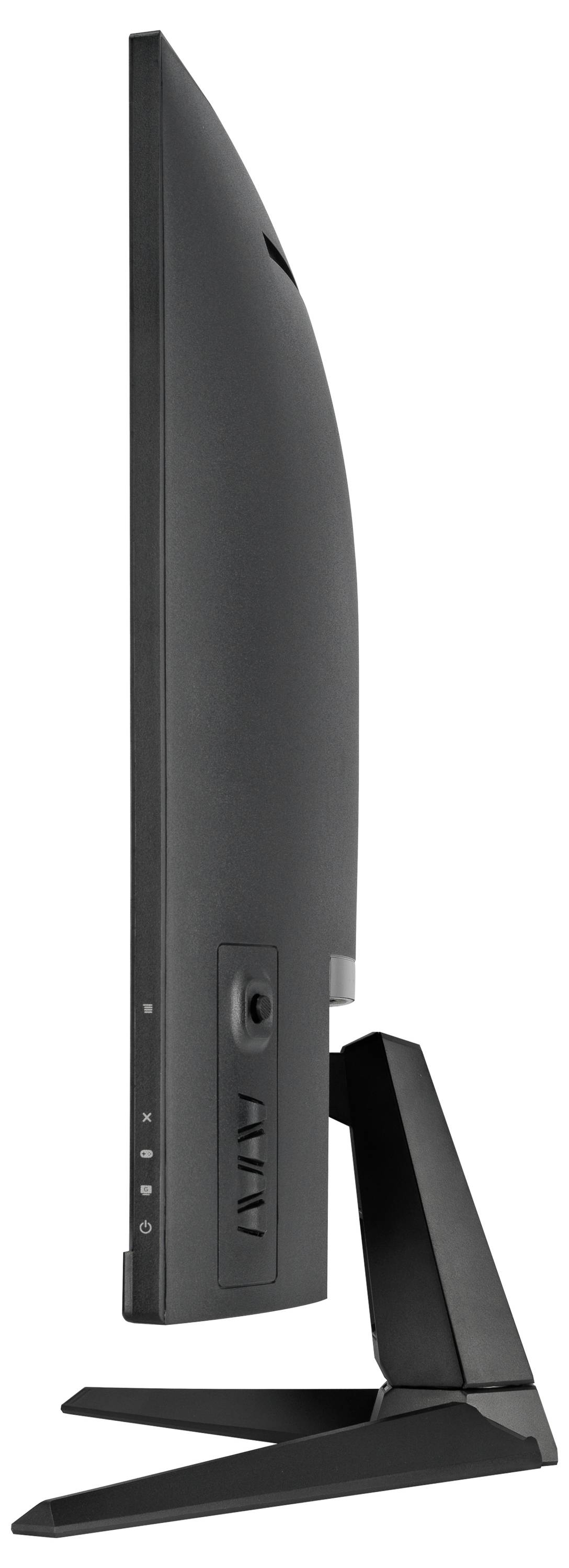 Een slanke, zwarte computermonitor van opzij. Het dunne profiel en de standaard van de monitor zijn zichtbaar.