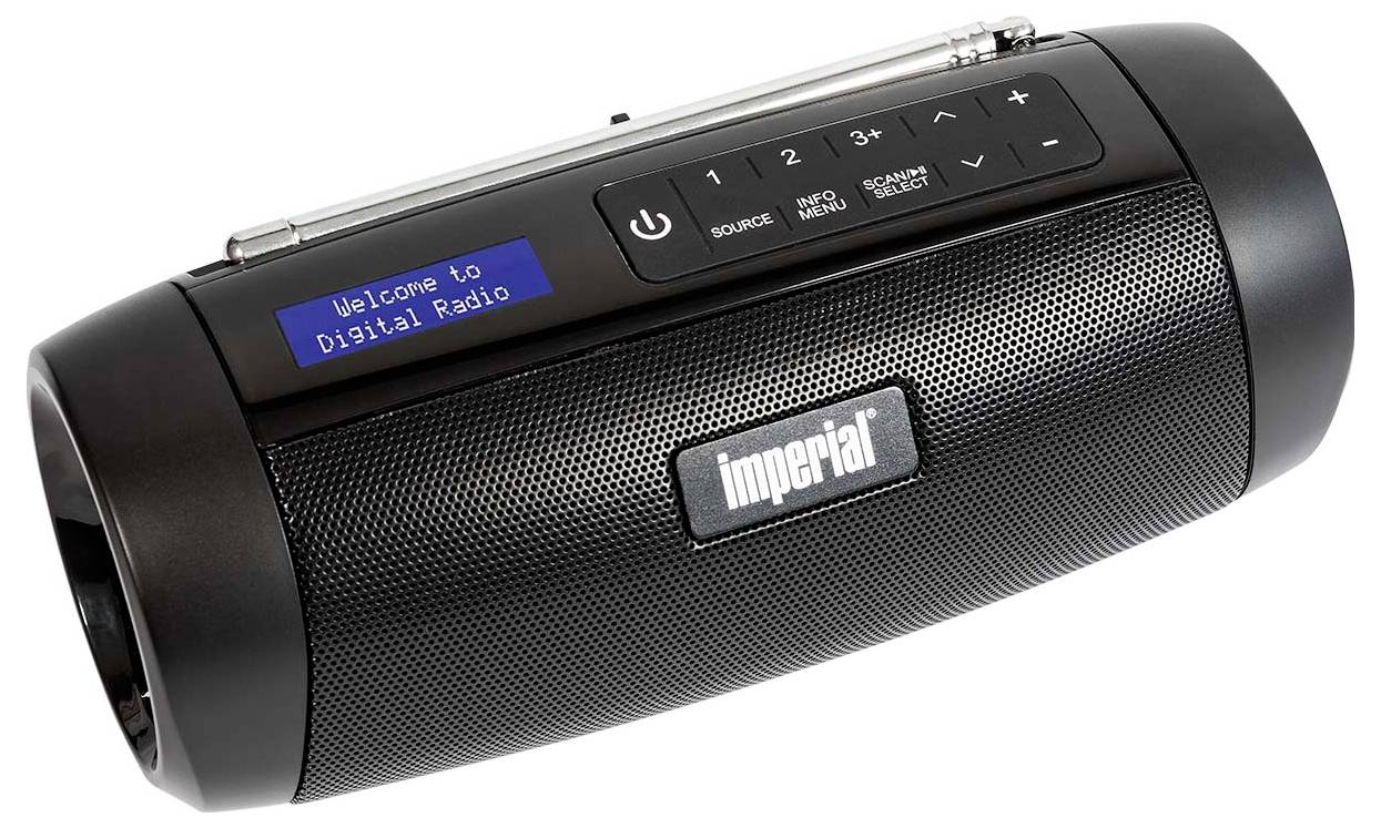 Een draagbare, zwarte digitale radio met een display toont het bericht 'Welcome to Digital Radio'. Bedieningstoetsen zijn zichtbaar.