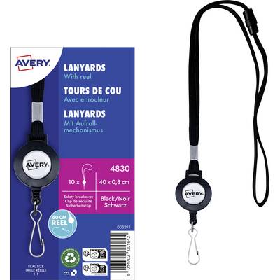 'Avery keycord met uittrekbare clip, productcode 4830, heeft een verstelbare band en metalen sluiting. Verkrijgbaar in zwarte kleur, afmeting 40x0,8 cm.'