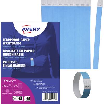 Achterkant van de verpakking van Avery scheurbestendige polsbandjes. Details in meerdere talen over kleur, materiaal en aantal: Blauw, TYVEK, 500 stuks.