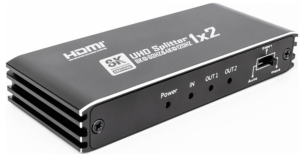 HDMI UHD-splitter 1x2 in het zwart. Ondersteunt 8K bij 60Hz of 4K bij 120Hz. Aansluitingen: 1 ingang, 2 uitgangen, stroomaansluiting.