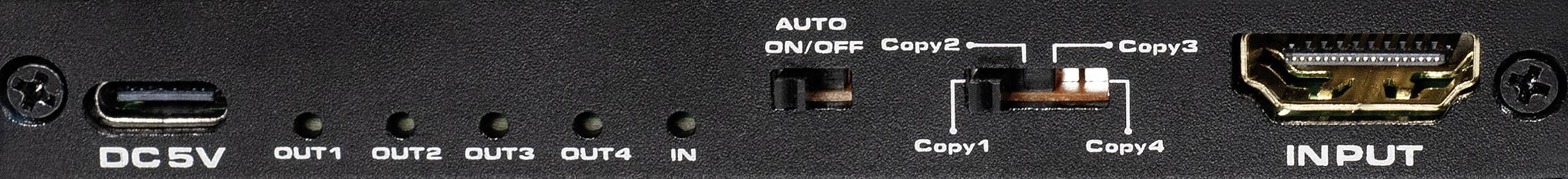 Achterkant van een elektronisch apparaat met DC5V-stroomaansluiting, meerdere uitgangen (OUT1 tot OUT4), een ingang (IN) en een AUTO-schakelaar.