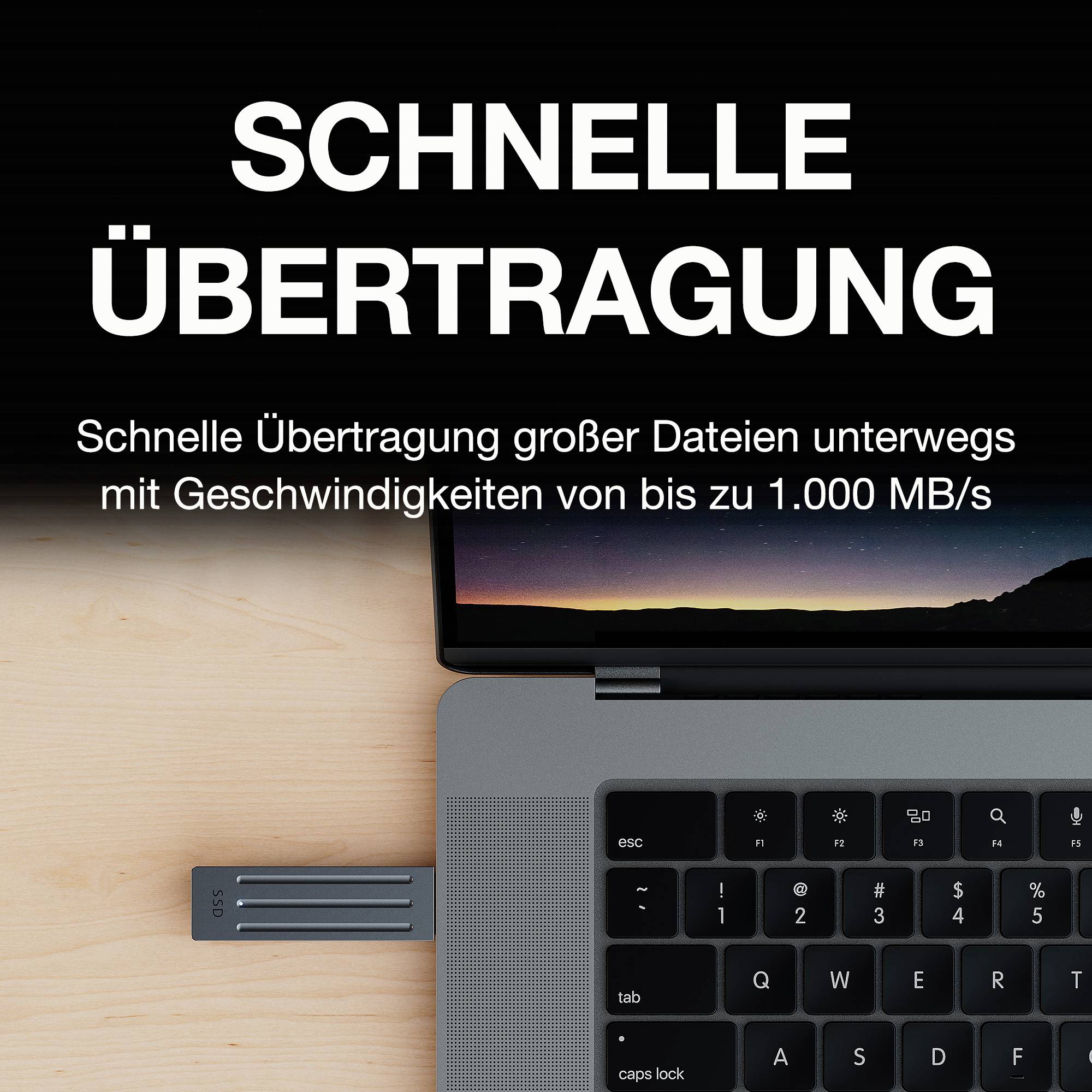 Laptop met USB-stick en tekst: 'Snelle overdracht – Snelle overdracht van grote bestanden met snelheden tot wel 1.000 MB/s'.