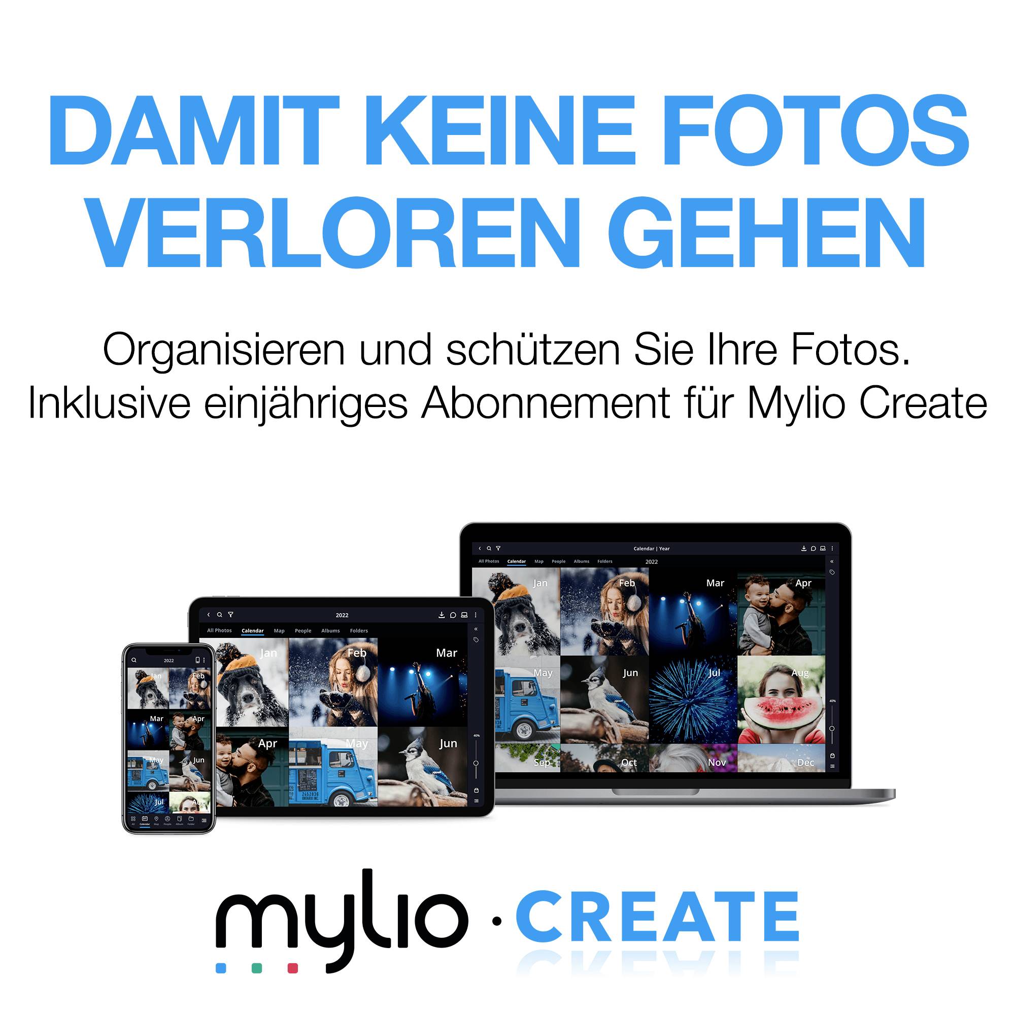 „Organiseer en bescherm uw foto's." Verschillende apparaten tonen foto's, tekst: "Inclusief één jaar abonnement op Mylio Create".