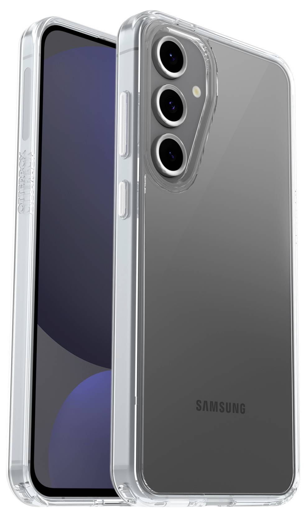 Twee smartphones in transparante hoesjes; één toont de voorkant met een zwart scherm, de andere de achterkant met cameraletrappen.
