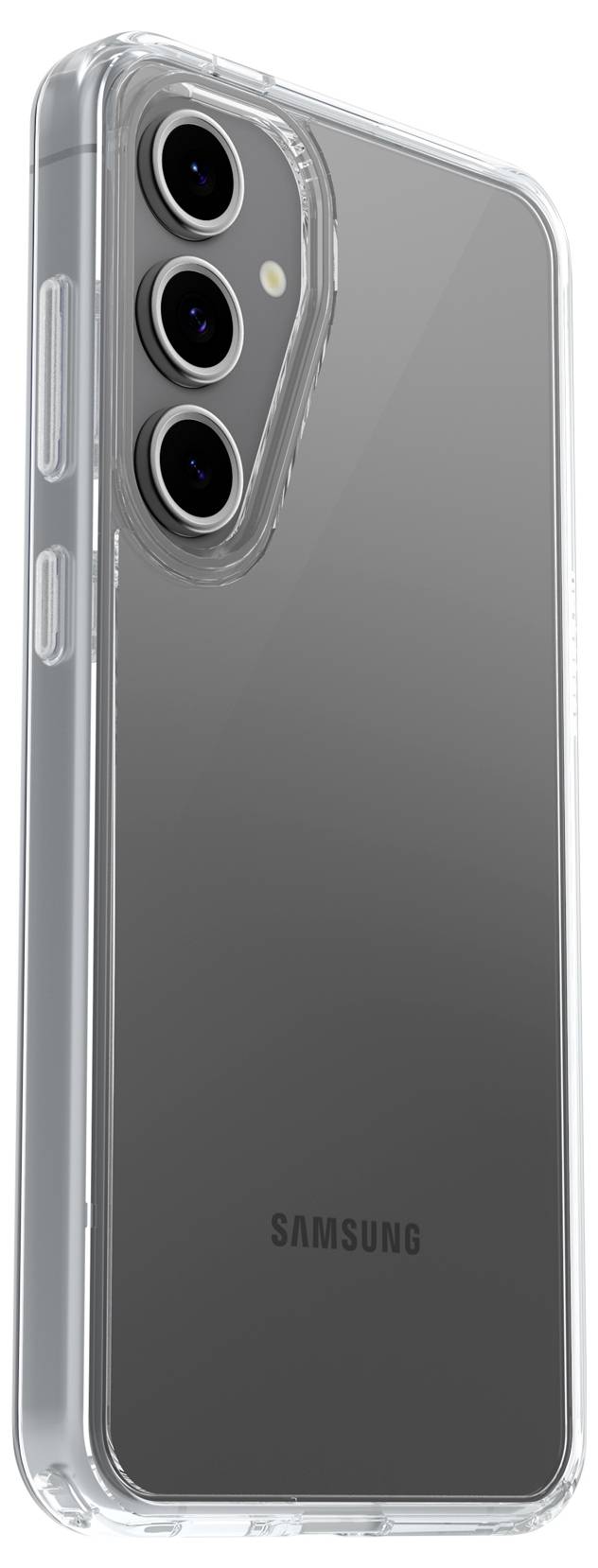 Zilveren smartphone met drie camera's aan de achterkant in een transparante beschermhoes. Merknaam onderaan zichtbaar.