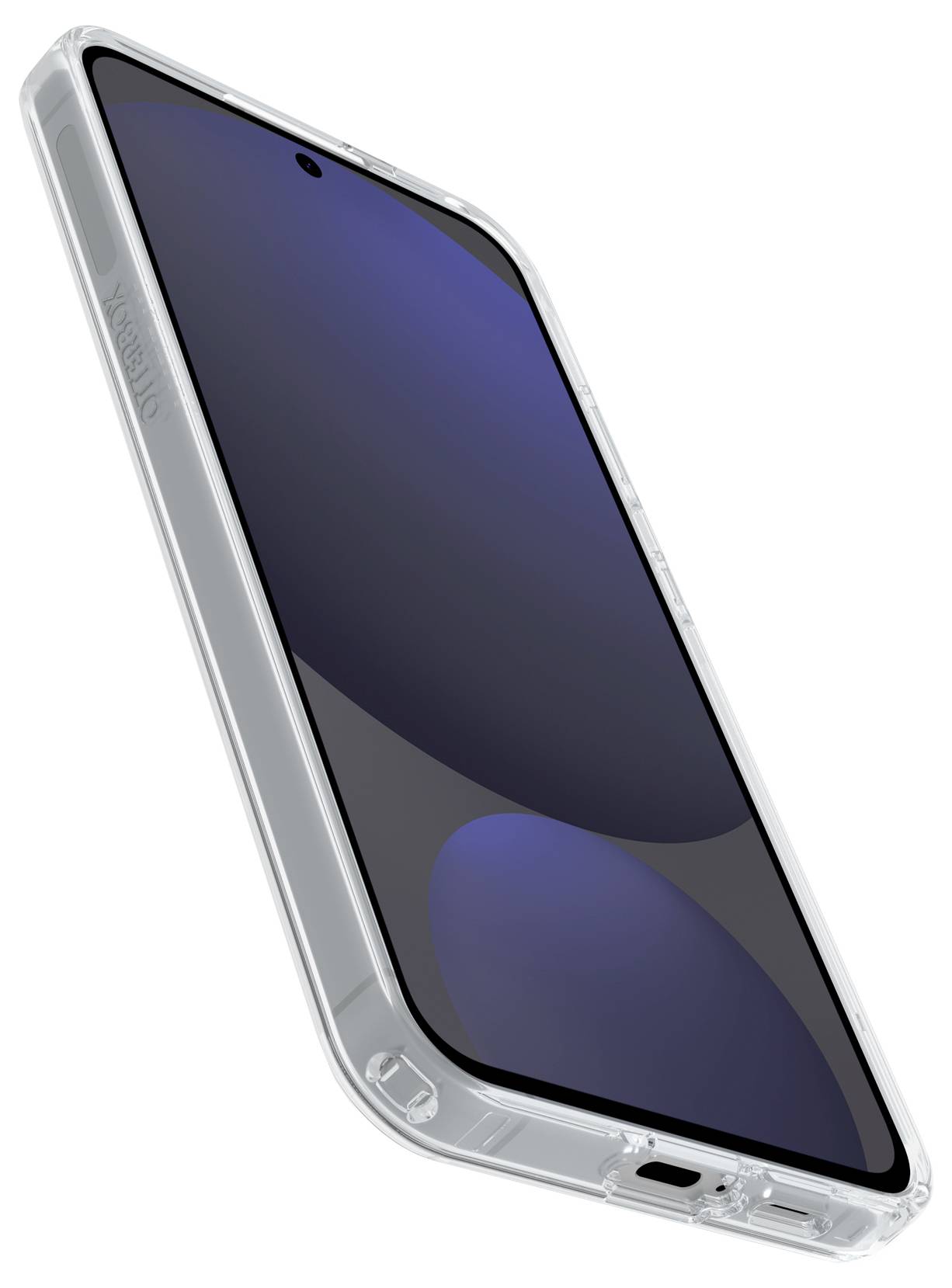 Een modern smartphone met een zwart scherm, omgeven door een transparante beschermhoes, gefotografeerd vanuit een zijaanzicht.
