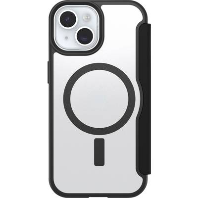 Smartphone met een zwart-zilveren beschermhoes, toont achterkant met camera en MagSafe-ring.