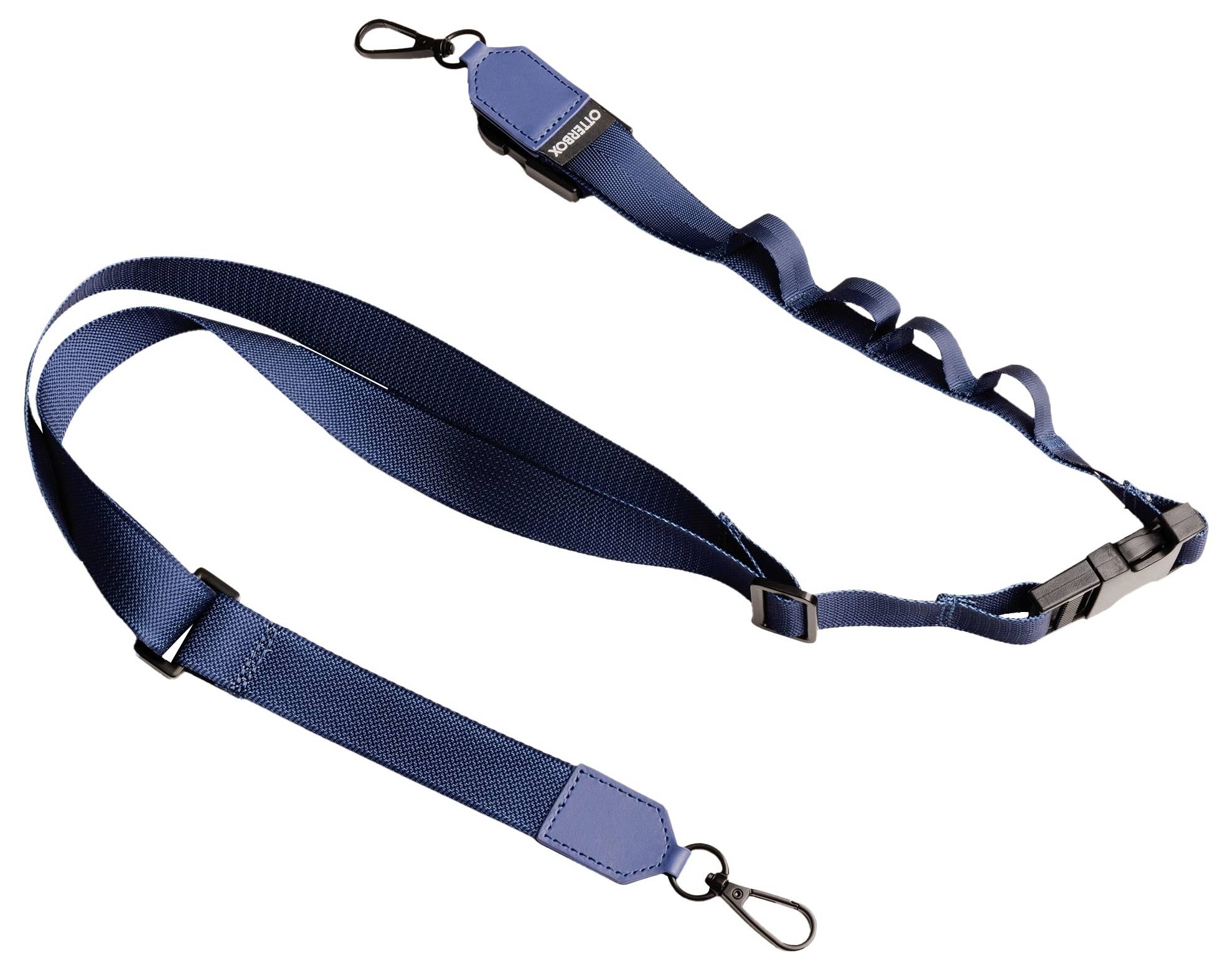 Een blauwe, verstelbare schouderband met twee karabijnhaken aan de uiteinden, geschikt voor bevestiging aan tassen of camera's.