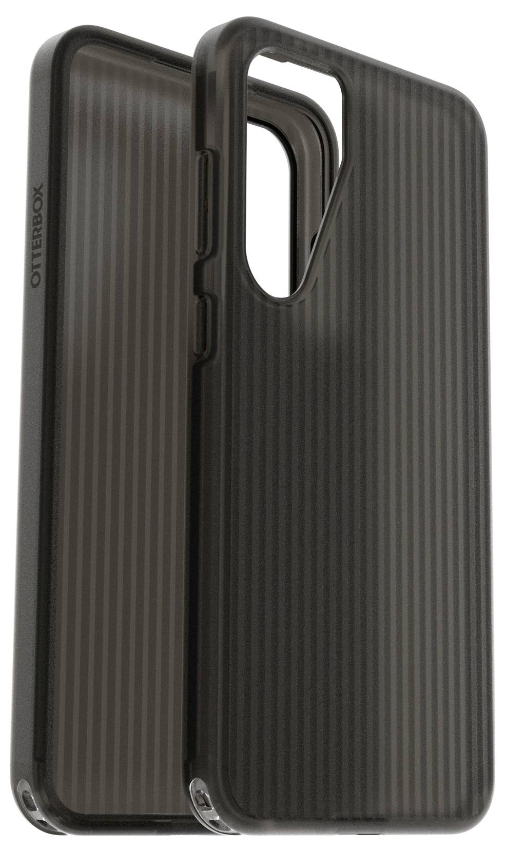 Een zwarte smartphone-hoes met een geribde oppervlakte, ontworpen voor bescherming, zweeft voor een witte achtergrond.