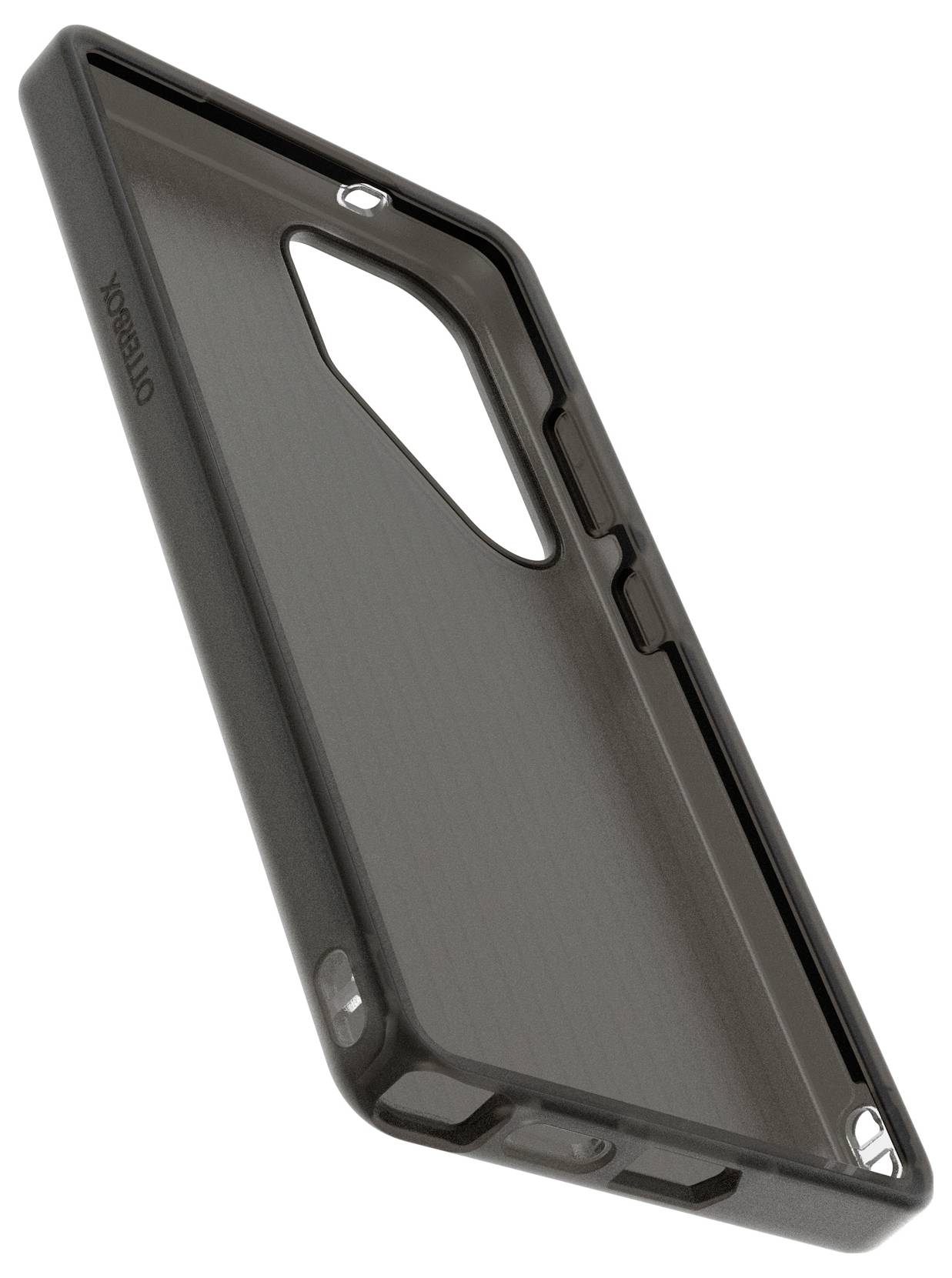 Zwarte smartphone-beschermhoes met robuust ontwerp en uitsparingen voor camera en aansluitingen. Ideaal voor schokbestendige bescherming.