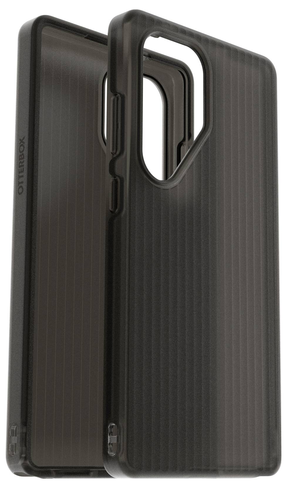 Twee zwarte smartphonehoesjes met een geribde oppervlakte.