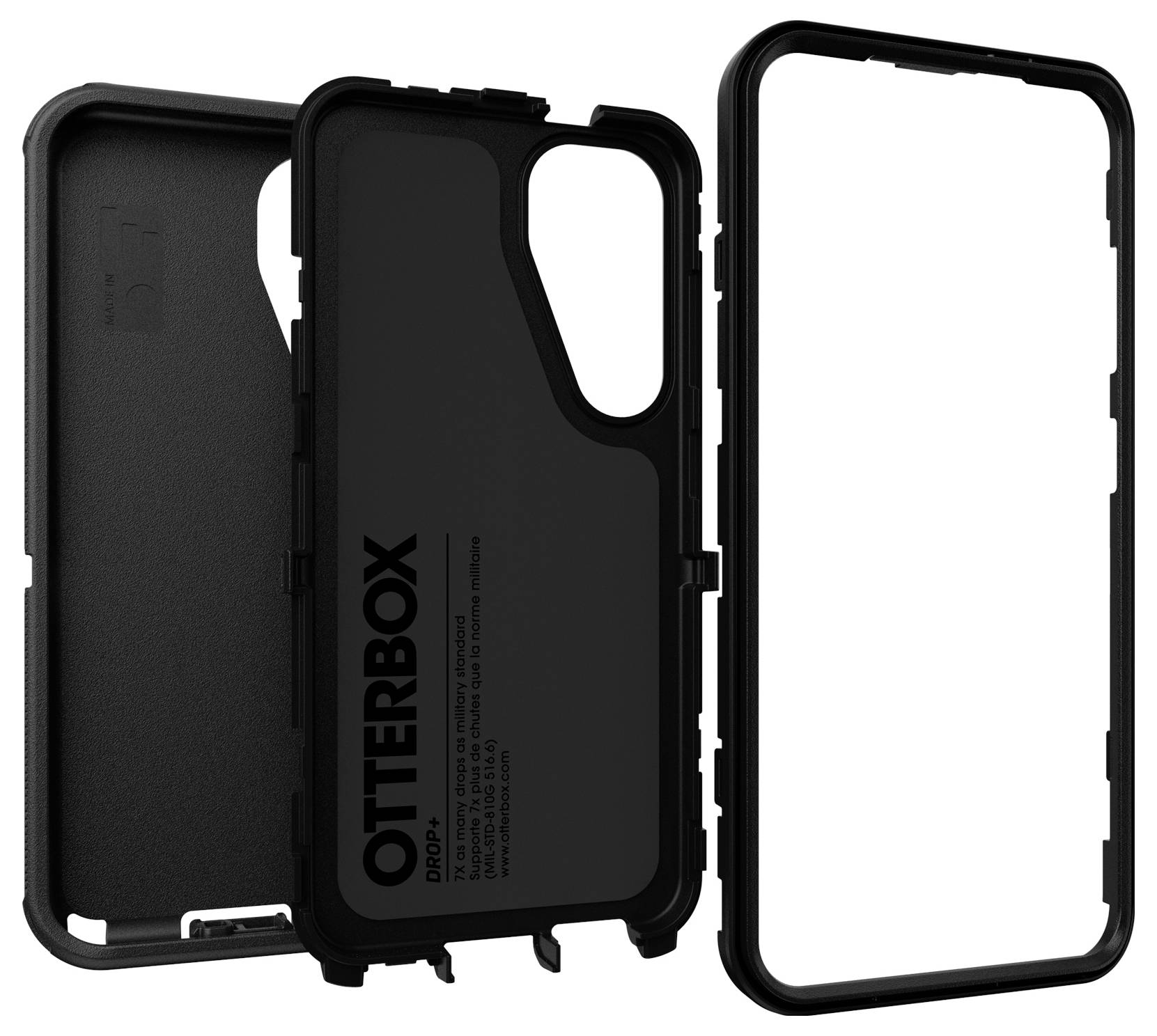 Zwart Otterbox telefoonhoesje-set, bestaande uit een achterkant en een verwijderbaar frame, voor extra bescherming van de smartphone.